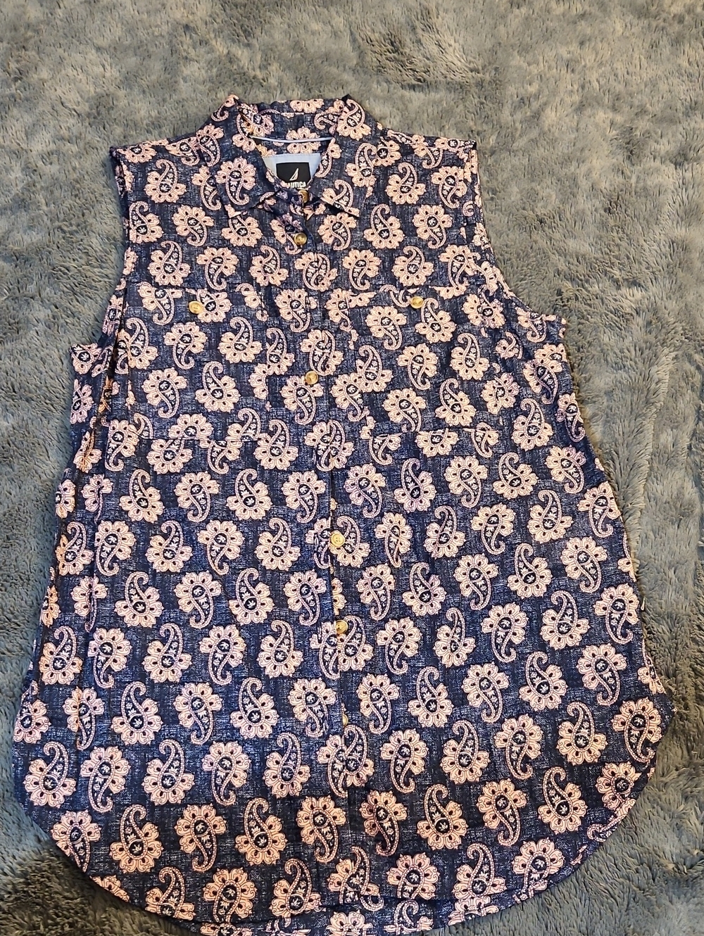 Sleeveless Paisley Print Shirt - Navy & Light Pink Never Worn